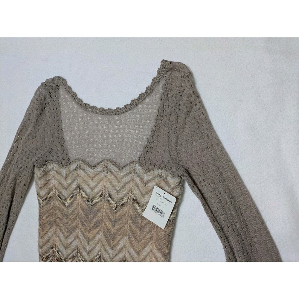 FREE PEOPLE Beige Soft Sweater Dress Short Knit Long Bell Sleeves Academia Sheer - Picture 10 of 16